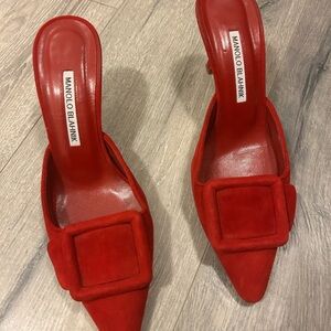 Manolo Blahnik Red Suede Pointed-Toe Buckle Mule